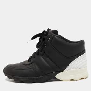 Pre Owned Chanel Black/White Leather High Top Sneakers Size 39.5 