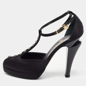 Pre Owned Chanel Black Satin Studded T-Strap Pumps Size 38