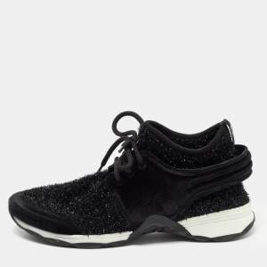 Pre Owned Chanel Black Velvet and Tinsel Fabric CC Low Top Sneakers Size 40.5