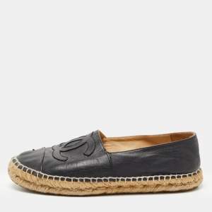 Pre Owned Chanel Black Leather CC Espadrille Flats Size 36
