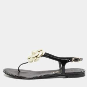 Chanel Black/White Patent Leather CC Camellia Thong Flats Size 37