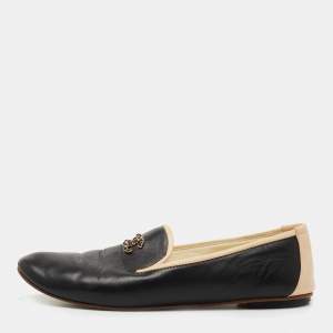 Chanel Black/Beige Leather CC Smoking Slippers Size 36.5