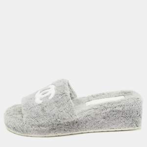 Chanel Grey/White Fabric CC Platform Slides Size 37
