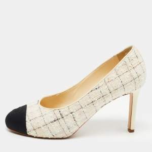 Pre Owned Chanel Multicolor Tweed and Leather CC Cap Toe Pumps Size 38
