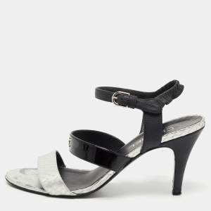 Chanel Black/Silver Leather and Python CC Ankle Strap Sandals Size 39.5
