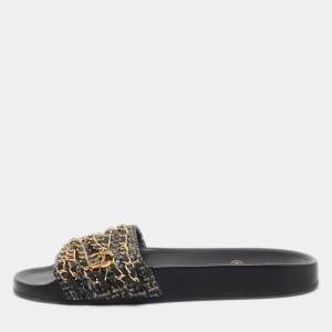 Chanel Multicolor Tweed and Leather Tropiconic Chain Slides Flats Size 39