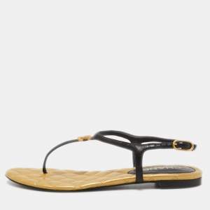 Chanel Black/Gold Leather CC Thong Slingback Flat Sandals Size 38