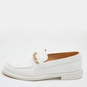 Chanel White Leather Logo Chain Link Slip On Loafers Size 38.5
