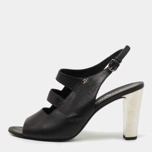 Chanel Black Leather CC Cutout Ankle Strap Sandals Size 39