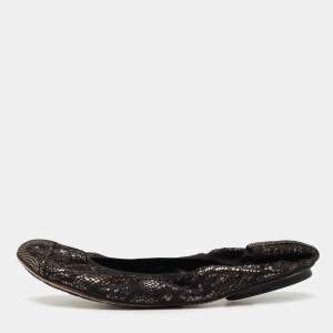Pre Owned Chanel Metallic Bronze/Black Lace and Mesh CC Scrunch Ballet Flats Size 39