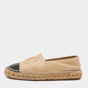 Chanel Beige/Black Leather CC Espadrille Flats Size 38