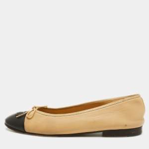 Chanel Beige/Black Leather CC Cap Toe Bow Ballet Flats Size 38