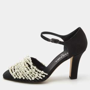 Chanel Black Canvas Pearl Embellished CC Ankle Strap Pumps Size 38.5