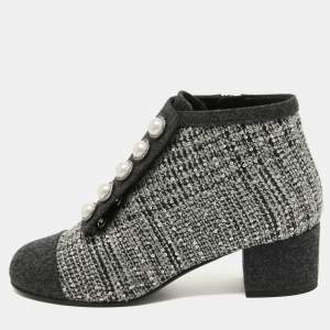 Chanel Grey Embellished Tweed Faux Pearl Ankle Boots Size 38.5