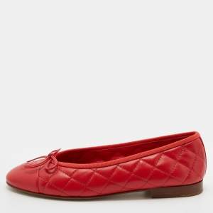 Chanel Red Quilted Leather CC Bow Cap Toe Ballet Flats Size 37