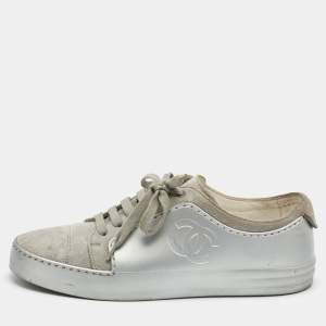 Pre Owned Chanel Grey/Silver Suede and Leather Low Top Sneakers Size 38