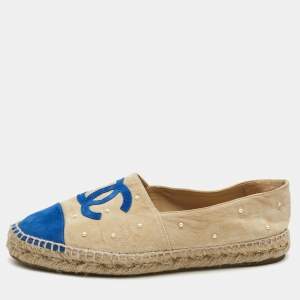 Chanel Beige/Blue Suede Faux Pearl Embellished CC Espadrille Flats Size 39