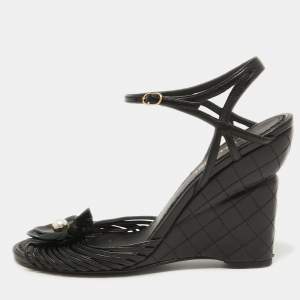 Chanel Black Leather Faux Pearl Camellia Strappy Ankle Strap Wedge Sandals Size 38
