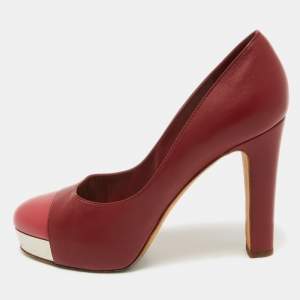 Chanel Red/Pink Leather CC Cap Toe Block Heel Platform Pumps Size 38