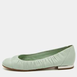 Pre Owned Chanel Mint Green Leather Gathered CC Cap Toe Ballet Flats Size 37
