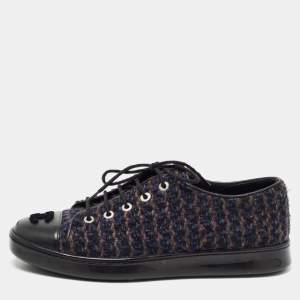Chanel Blue/Black Tweed and Leather Cap Toe CC Low Top Sneakers Size 37.5