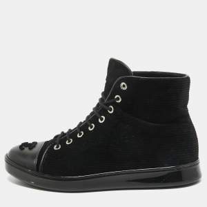 Pre Owned Chanel Black Corduroy and Leather Cap Toe CC High Top Sneakers Size 37.5 