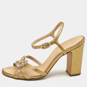 Chanel Gold Textured Leather Crystal Embellished Bow Ankle Strap Sandals Size 37.5