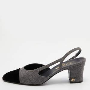 Pre Owned Chanel Grey/Black Felt and Velvet CC Block Heel Slingback Sandals Size 40