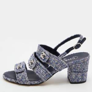 Chanel Blue/White Tweed CC Turn Lock Strappy Slingback Block Heel Sandals Size 39.5