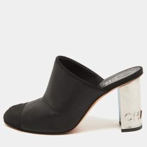 Chanel Black Leather And Canvas CC Cap Toe Block Heel Mules Size 37