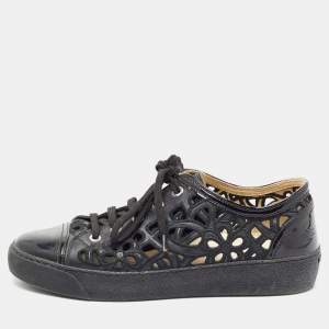 Pre Owned Chanel Black Patent and Leather Floral Cutout CC Low Top Sneakers Size 38