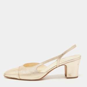 Chanel Gold Leather CC Slingback D'orsay Pumps Size 41