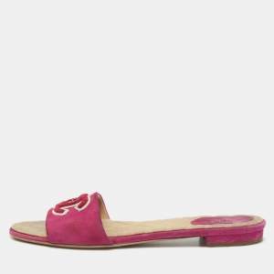 Chanel Purple Suede Embroidered CC Flat Slides Size 39