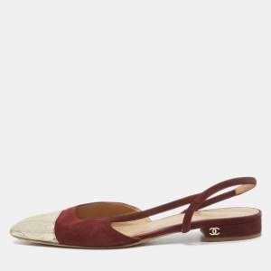Chanel Burgundy/Gold Suede and Leather Cap Toe Slingback Flats Size 41.5