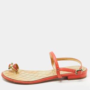 Chanel Orange Leather Enamel Embellished Toe Ring Ankle Strap Flat Sandals Size 36