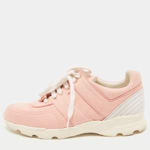Pre Owned Chanel Pink/White Canvas and Leather CC Low Top Sneakers Size 40