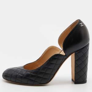 Chanel Black Quilted Leather Round Toe Block Heel Pumps Size 39.5