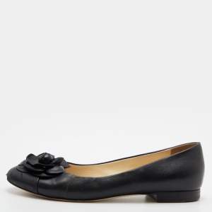 Chanel Black Leather CC Camelia Ballet Flats Size 39