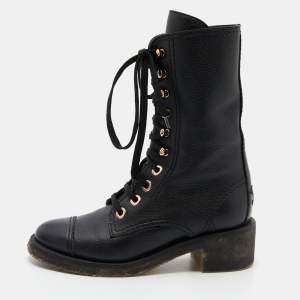 Chanel Black Leather Lace Up Boots Size 35.5 