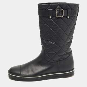 Chanel Black Quilted Leather Mid Calf Length Boots Size 37 