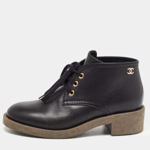 Chanel Black Leather CC Derby Ankle Boots Size 37.5