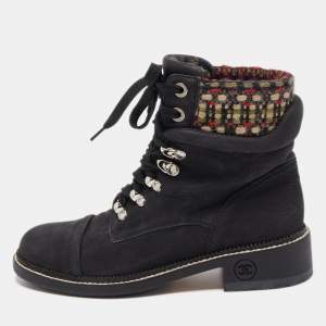Chanel Black Tweed and Nubuck Leather Ankle Boots Size 38