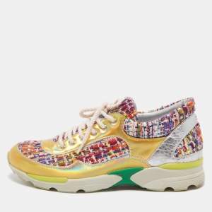 Pre Owned Chanel Multicolor Tweed and Leather Low Top Sneakers Size 38.5