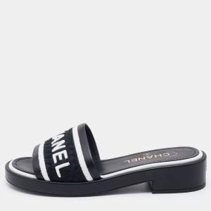 Chanel Black Leather CC Flat Slides Size 36.5