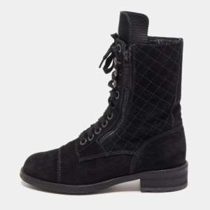 Chanel Black Suede Quilted Double Zip CC Combat Boots Size 37.5