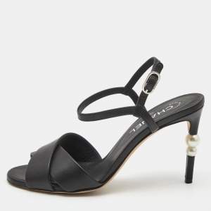 Chanel Black Leather Pearl Heel Ankle Strap Sandals Size 38.5