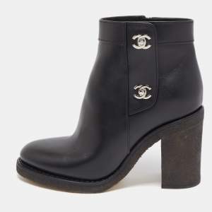 Chanel Black Leather CC Turnlock Block Heel Boots Size 37.5
