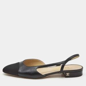 Chanel Black Leather and Canvas CC Cap Toe Slingback Flats Size 37.5