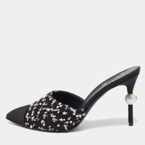 Chanel Black/White Tweed and Canvas CC Faux Pearl Heel Mules Size 37.5