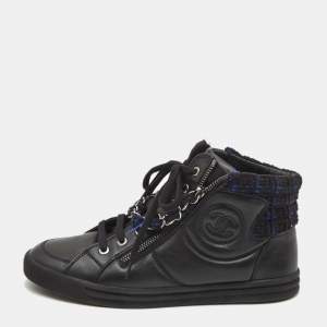Chanel Black Leather CC Double Zip Accent High Top Sneakers Size 38 